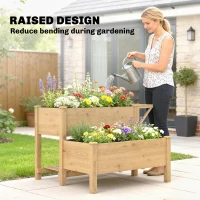 Outsunny Wooden Raised Garden Bed, 2-Tier Raised Planter with Storage Shelf, Side Board, Drainage Holes and Liner(m-6)