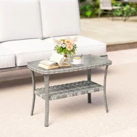 Outsunny Outdoor Coffee Table with Storage Shelf, PE Wicker Patio Table with Glass Top for Garden, Backyard, Dark Grey(m-8)