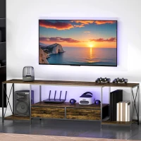 HOMCOM Industrial TV Stand for up to 60 Inch TV, TV Console with Charging Station and RGB LED Lights, Rustic Brown(m-10)
