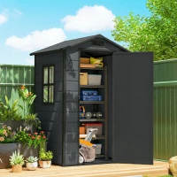 Outsunny 4' x 3' Plastic Garden Shed with Floor, Outdoor Small Shed with Lockable Door, Window and Vent, Dark Grey(m-1)