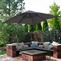 Outsunny 8' x 8' Square Patio Hanging Offset Umbrella Aluminum Outdoor Cantilever Crank Market Parasol Garden Sun Canopy Shelter 360° Rotation w/ Cross Base Grey(m-1)