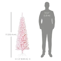 HOMCOM 5ft Flocked Christmas Tree, Pencil Christmas Tree with Realistic Branch Tips, Folding Metal Stand, Pink(m-3)