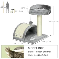 PawHut 17" Cat Scratching Tree Kitty House Kitten Activity Centre Pet Bed Post Furniture with Hanging Toy (Grey)(m-3)