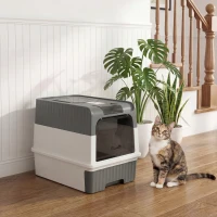 PawHut Cat Litter Box Hooded Cat Litter Tray with Drawer Pan Front Entry & Top Exit Easy Cleaning Gray(m-10)