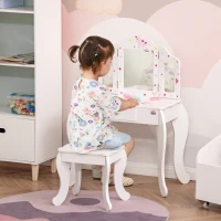 Qaba Kids Vanity Table and Stool, Makeup Vanity Girls Dressing Table Set with Tri-folding Mirrors Drawer Star and Heart Pattern, White(m-1)