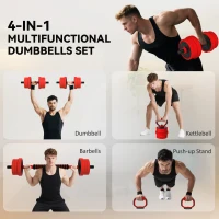 Soozier 44lbs 4-in-1 Adjustable Weight Dumbbell Set, Barbell, Kettlebell, Push Up Stand, Red(m-4)