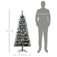 HOMCOM 5ft Decorated Christmas Tree with Red Berries and Pine Cones, Flocked Christmas Tree with Pencil Shape, Green(m-3)