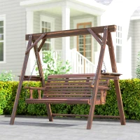 Outsunny 3 Seat Wooden Porch Swing with Stand, Patio Swing with Side Tables, for Garden, Poolside, Backyard, Carbonized Brown(m-10)