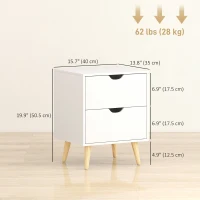 HOMCOM Modern Bedside Table Set of 2, Nightstand with 2 Drawers and Pine Wood Legs for Bedroom, Living Room, White(m-3)