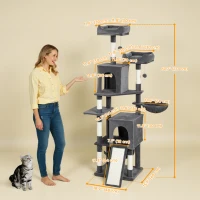 PawHut Cat Tree, 70" Multi-Level Cat Tower with 2 Condos, 2 Perches, Hammock, Toy Balls, Scratching Posts and Board, Dark Grey(m-3)