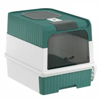 PawHut Cat Litter Box Hooded Cat Litter Tray with Drawer Pan Front Entry & Top Exit Easy Cleaning Teal(m-1)