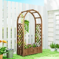 Outsunny Raised Garden Bed with Arch Trellis, Freestanding Garden Planter Box, Outdoor Planter Container, Dark Brown Wood Effect(m-8)