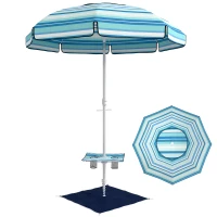 Outsunny 6 ft Portable Beach Umbrella with Foldable Table, Tilting Outdoor Sun Shade with Sand Anchor, Sandbag, Dark Blue(m-2)