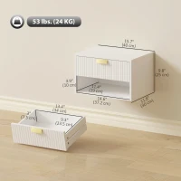 HOMCOM Set of 2 Wall Mounted Bedside Tables, Floating Nightstands with Fluted Drawer and Open Shelf for Bedroom, White(m-3)