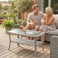 Outsunny Outdoor Coffee Table with Storage Shelf, PE Wicker Patio Table with Glass Top for Garden, Backyard, Dark Grey(m-10)