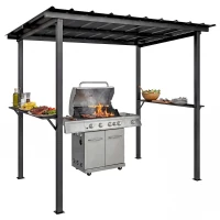 Outsunny 9' x 6' Hardtop Grill Gazebo, BBQ Gazebo with 2 Side Shelves and Galvanized Metal Slope Roof, Black(m-11)