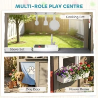 Qaba Outdoor Playhouse, Wooden Kids Playhouse with Dog Door, Flower Box, Cookware & Window for Garden Ages 2+, Gray(m-4)