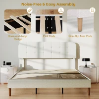 HOMCOM King Size Bed Frame with Adjustable Headboard Upholstered Platform Bed Frame with Wood Slat Support Noise Free White(m-6)