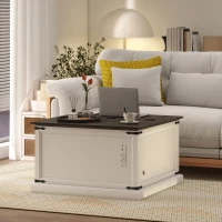 HOMCOM Lift Top Coffee Table with Charging Station, Square Farmhouse Center Table with Hidden Storage, White Wood Grain(m-7)
