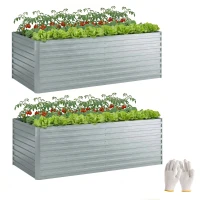 Outsunny Set of 2 Galvanised Raised Garden Bed, 6 x 3 x 2 ft Metal Garden Bed with Safe Edging, Silver(m-11)