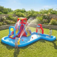 Qaba Inflatable Water Slide 6 in 1 with 480W Blower, Bounce House with Climbing Wall, Splashing Pool, Basketball Hoop(m-2)