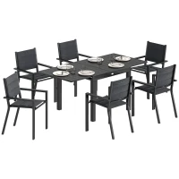 Outsunny Patio Dining Set for 6, Aluminum Expandable Outdoor Table and 6 Stackable Chairs with Padded Back, Mesh Seat, Black(m-11)