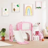 Qaba 7 in 1 Toddler Slide with Basketball Hoop, Climbing Frame, Telescope, Drawing Board, Storage Box for Ages 1-3, Pink(m-8)