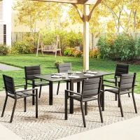 Outsunny Patio Dining Set for 6, Aluminum Expandable Outdoor Table and 6 Stackable Chairs with Padded Back, Mesh Seat, Black(m-9)