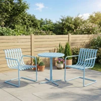 Outsunny 3 Pieces Patio Bistro Set, Metal Frame Garden Coffee Table Set with 2 Chairs & Round Table for Outdoor Yard Porch Poolside Balcony, Sky Blue(m-1)