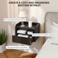 HOMCOM Wall Mounted Bedside Table, Set of 2 Floating Nightstand with Charging Station, Drawer and Open Shelf for Bedroom, Black(m-5)