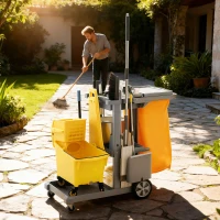 HOMCOM Commercial Janitorial Cart with 3 Tier Shelves, Cleaning Cart with Rubbish Bag and Mop Mount for Hotel Restaurant, Grey(m-9)