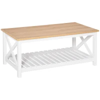 HOMCOM Farmhouse Coffee Table with Slatted Bottom Shelf, Center Table with X Bar Frame for Living Room, White, Natural(m-2)