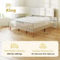 HOMCOM King Size Bed Frame with Adjustable Headboard Upholstered Platform Bed Frame with Wood Slat Support Noise Free White(m-3)