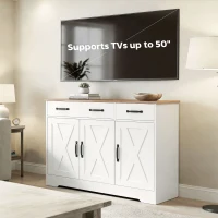 HOMCOM Sideboard Buffet Cabinet, 43" Farmhouse Kitchen Cabinet with 3 Barn Doors, 2 Drawers, 2 Adjustable Shelves, White(m-9)