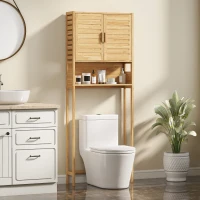 HOMCOM Over the Toilet Cabinet, Bathroom Organizer with 2 Doors, Open Compartment and Adjustable Shelf, Natural Wood Finish(m-1)