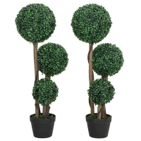HOMCOM 35 Inch Potted Fake Plant Set of 2, Artificial Boxwood Topiary Tree, Triple Ball Tree for Indoor and Outdoor, Green(m-2)