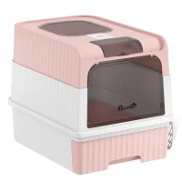 PawHut Cat Litter Box Hooded Cat Litter Tray with Drawer Pan Front Entry & Top Exit Easy Cleaning Pink(m-1)