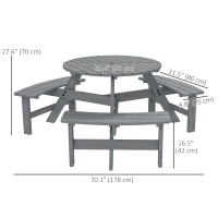Outsunny 6 Person Round Picnic Table Bench Set with Umbrella Hole, Wood Patio Table with 3 Built-in Benches for Garden, Deck, Backyard, Grey(m-3)