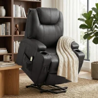 HOMCOM Power Lift Recliner Chair for Elderly, PU Leather Lift Chair with Thick and High Back, Footrest, Remote, Side Pockets, Cup Holders, Reclining Sofa for Living Room, Black(m-9)
