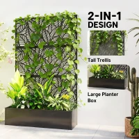 Outsunny Metal Planter Box with Trellis, 70" Raised Garden Bed with Trellis Privacy Screen for Climbing Plants, Leaves Cut-Out(m-4)