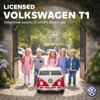 Qaba 12V Kids Ride on Car, Lisensed Volkswagen T1 Electric Vehicle with Dual Motor and Soft Start for 3-7 Years, Red(m-4)