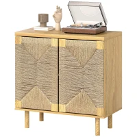 HOMCOM Handwoven Rope Accent Cabinet Boho Sideboard Buffet Cabinet with Push to Open Doors Adjustable Shelf Pine Wood Legs Oak(m-2)