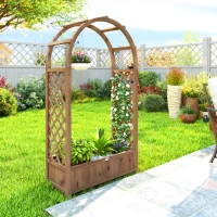 Outsunny Raised Garden Bed with Arch Trellis, Freestanding Garden Planter Box, Outdoor Planter Container, Dark Brown Wood Effect(m-9)