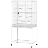 PawHut 64" Large Rolling Bird Cage Bird House with Detachable Rolling Stand, Storage Shelf, Wood Perch Food Container, White(m-2)