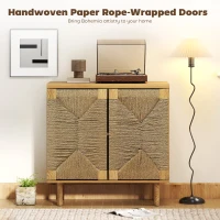 HOMCOM Handwoven Rope Accent Cabinet Boho Sideboard Buffet Cabinet with Push to Open Doors Adjustable Shelf Pine Wood Legs Oak(m-5)