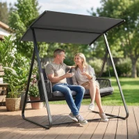 Outsunny 2-Person Outdoor Patio Porch Swing with Adjustable Canopy, Rattan Hanging Swing Bench with Soft Cushions(m-1)