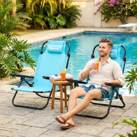 Outsunny Set of 2 Beach Chair 5-Position Adjustable Folding Camping Chair with Headrest Armrests Light Blue(m-8)