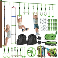 Qaba Obstacle course for Kids, with 10-Piece Slackline Kit with Monkey Bars, Gym Rings, Rope Ladder, Nest Swing, Hanging Tray(m-11)
