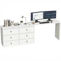 HOMCOM L Shaped Computer Desk Home Office Desk with 6 Drawers White Wood Grain(m-2)
