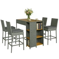 Outsunny 5 Piece Wicker Outdoor Bar Set, Acacia Wood Outdoor High Top Table and Chairs with 3 Tier Shelves, Cushions, Gray(m-11)